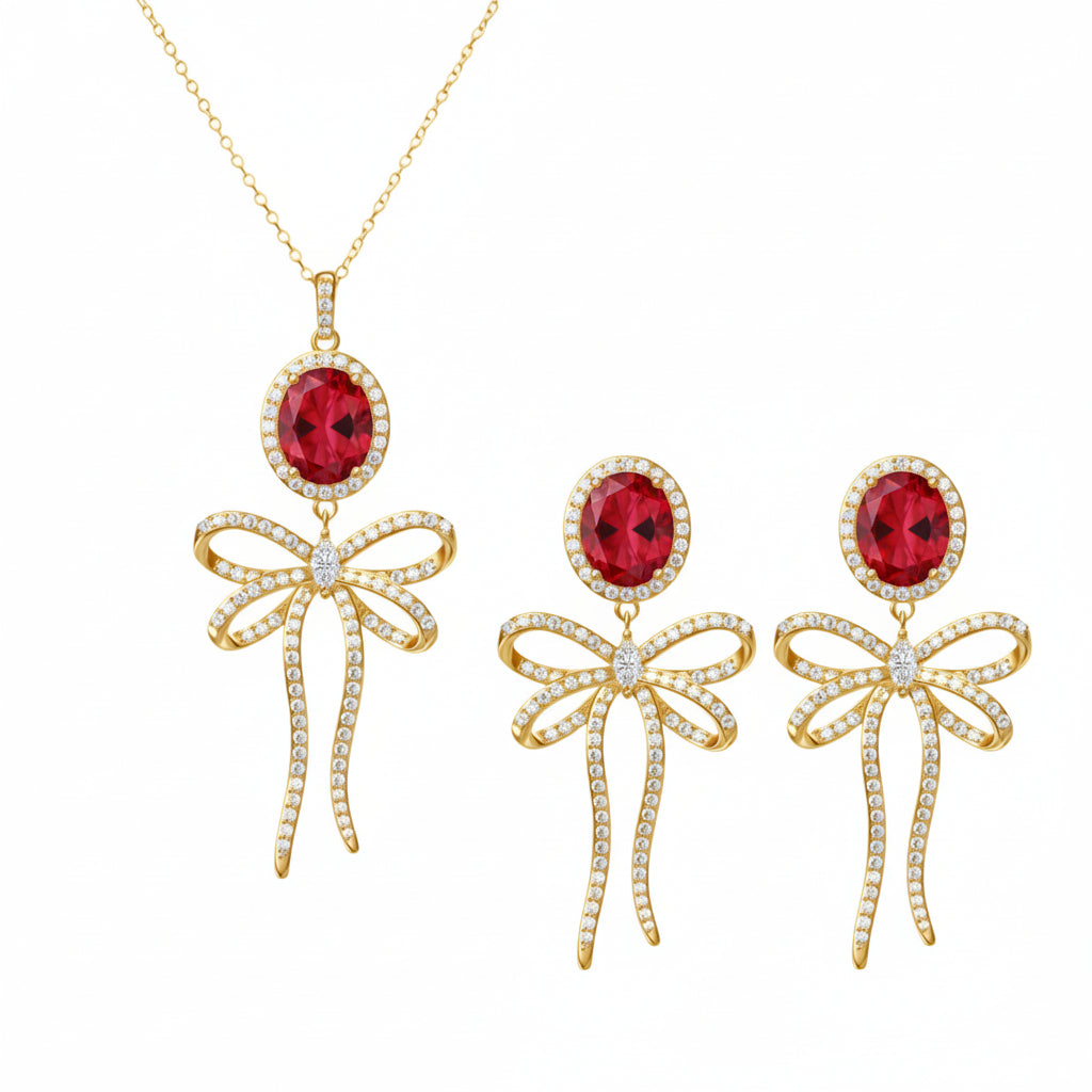 PRE-ORDER - 925 Sterling Silver Bow Tie Necklace & Earrings Set (Choose your Stone Color)