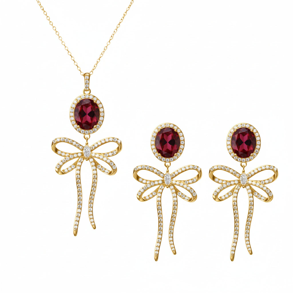 PRE-ORDER - 925 Sterling Silver Bow Tie Necklace & Earrings Set (Choose your Stone Color)