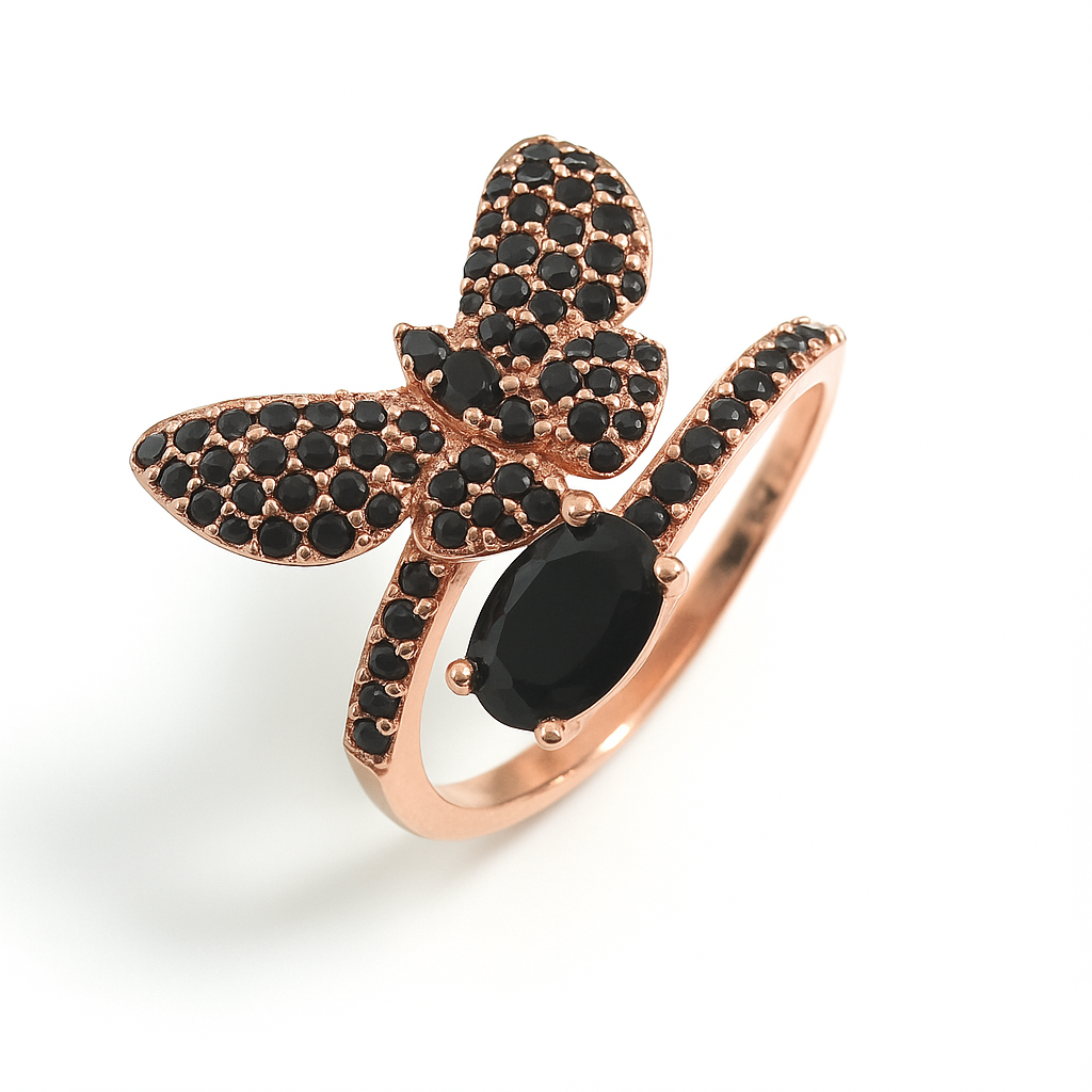 925 Sterling Silver Butterfly Wrap Ring in Rose Gold with Brilliant Black Onyx Pavé