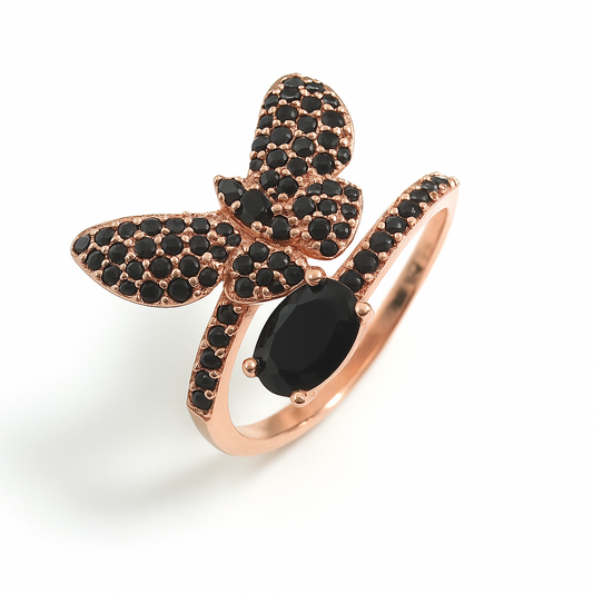 925 Sterling Silver Butterfly Wrap Ring in Rose Gold with Brilliant Black Onyx Pavé