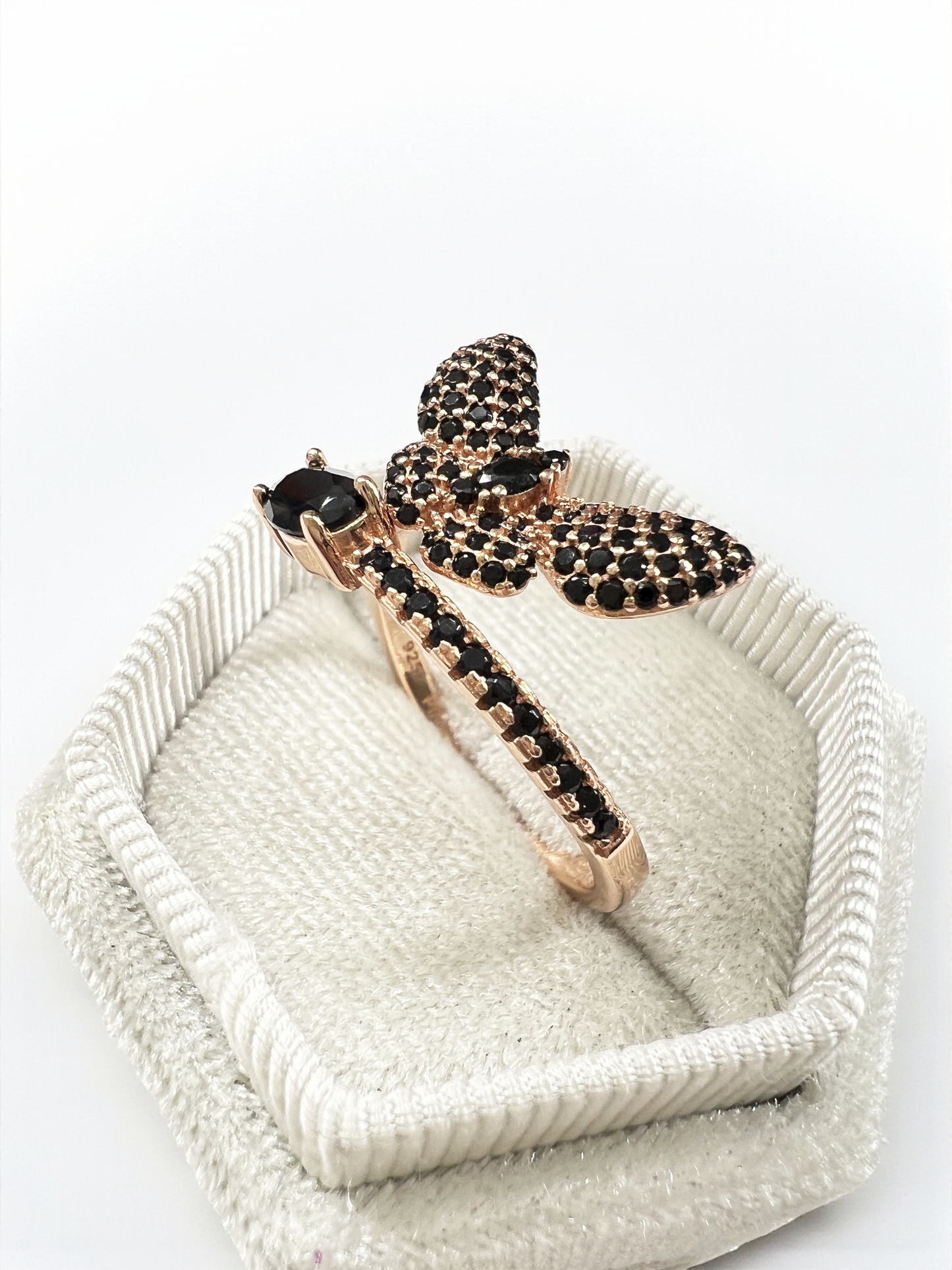 925 Sterling Silver Butterfly Wrap Ring in Rose Gold with Brilliant Black Onyx Pavé
