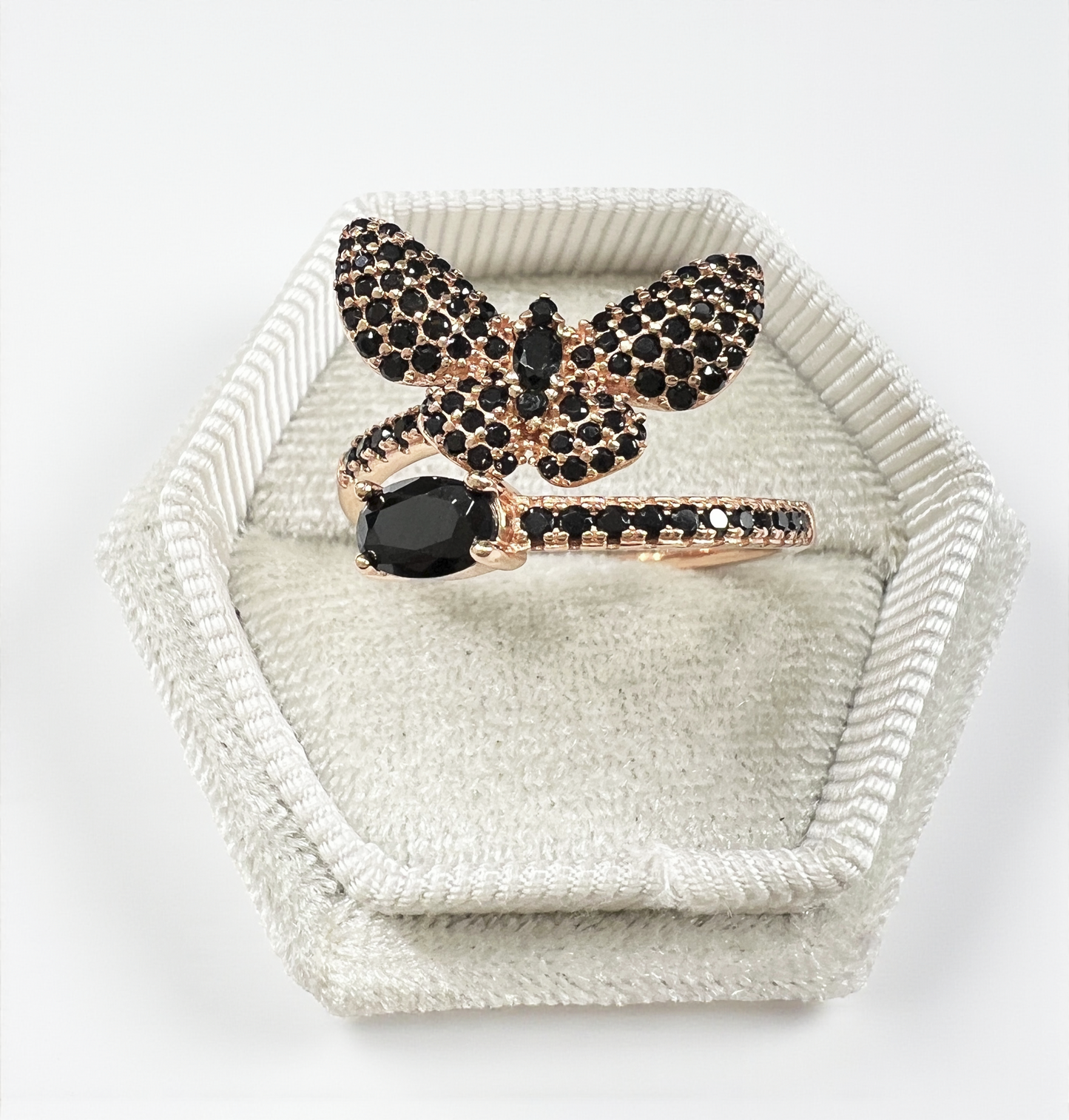 925 Sterling Silver Butterfly Wrap Ring in Rose Gold with Brilliant Black Onyx Pavé