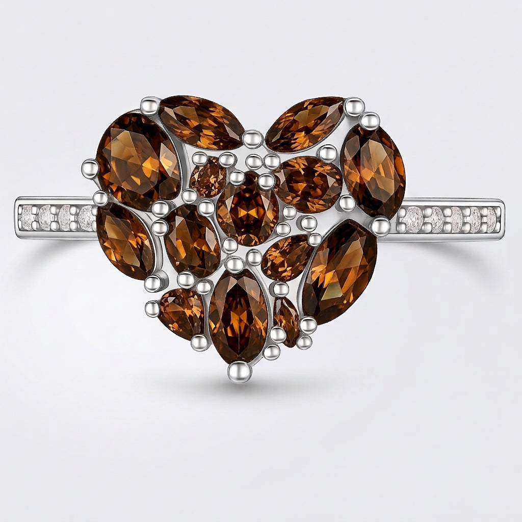 PRE-ORDER - 925 Sterling Silver Coffee CZ Cluster Heart Ring