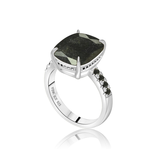 925 Sterling Silver Cushion Cut Black Ice Solitair Pave Band Ring