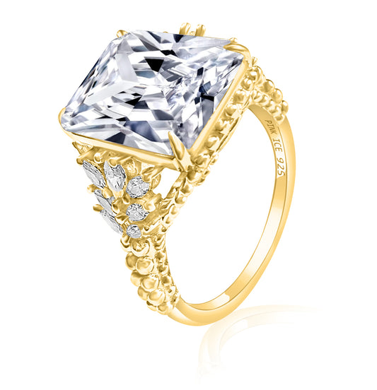 925 Sterling Silver Diamond CZ Beaded Shank Ring on Yellow Gold