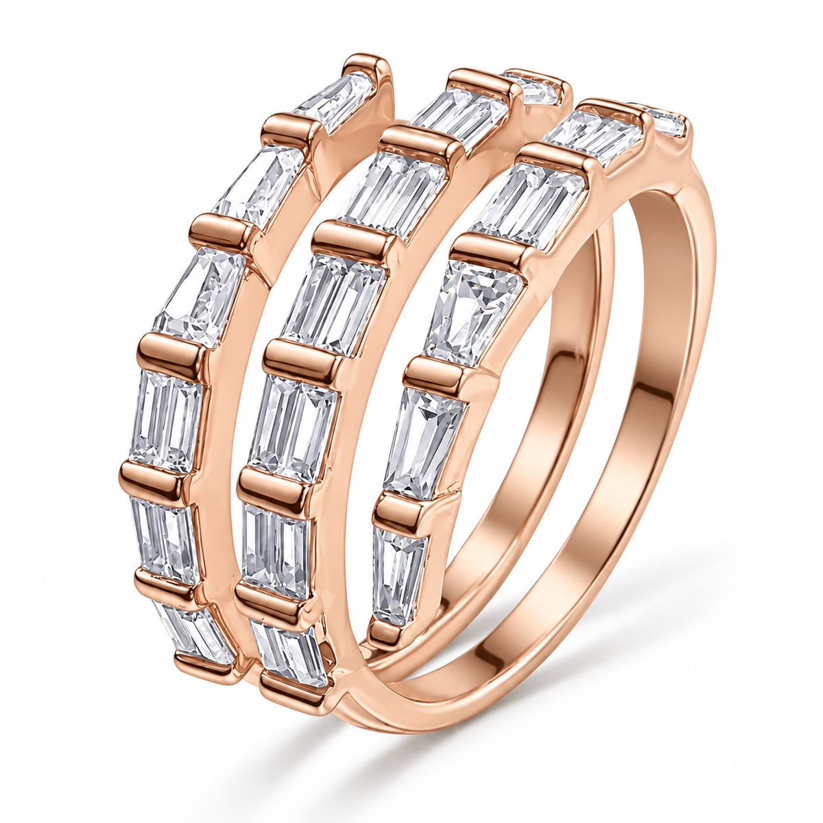 925 Sterling Silver Diamond Cubic Zirconia Baguette Spiral Ring in Rose Gold