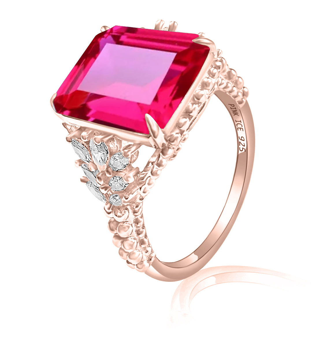 *PRE-ORDER - 925 Sterling Silver Emerald-Cut Rose Corundum CZ Beaded Shank Ring