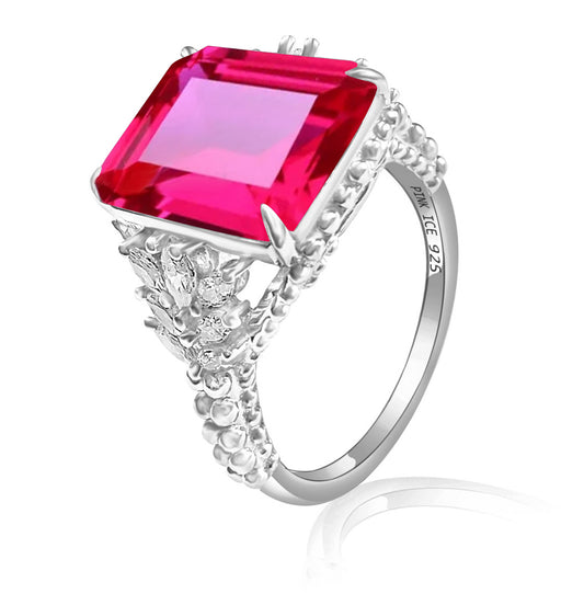 925 Sterling Silver Emerald-Cut Rose Corundum CZ Beaded Shank Ring