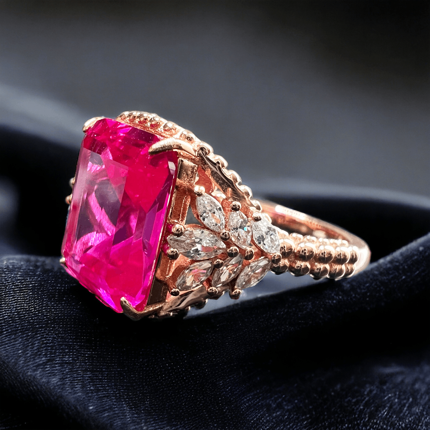 925 Sterling Silver Emerald-Cut Rose Corundum CZ Beaded Shank Ring- Rose Gold