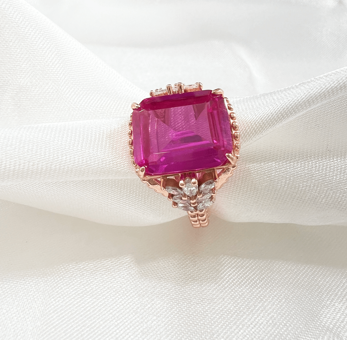 925 Sterling Silver Emerald-Cut Rose Corundum CZ Beaded Shank Ring- Rose Gold