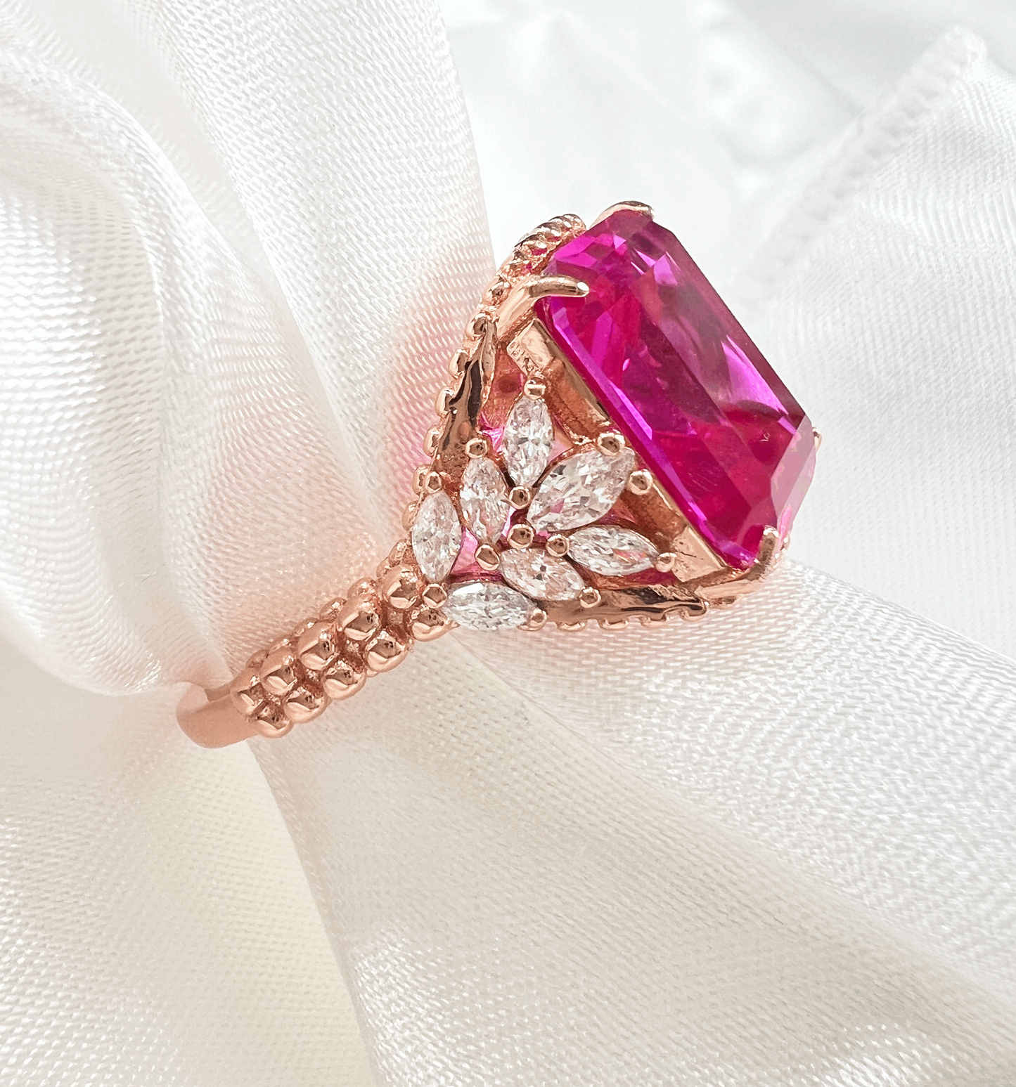 925 Sterling Silver Emerald-Cut Rose Corundum CZ Beaded Shank Ring- Rose Gold