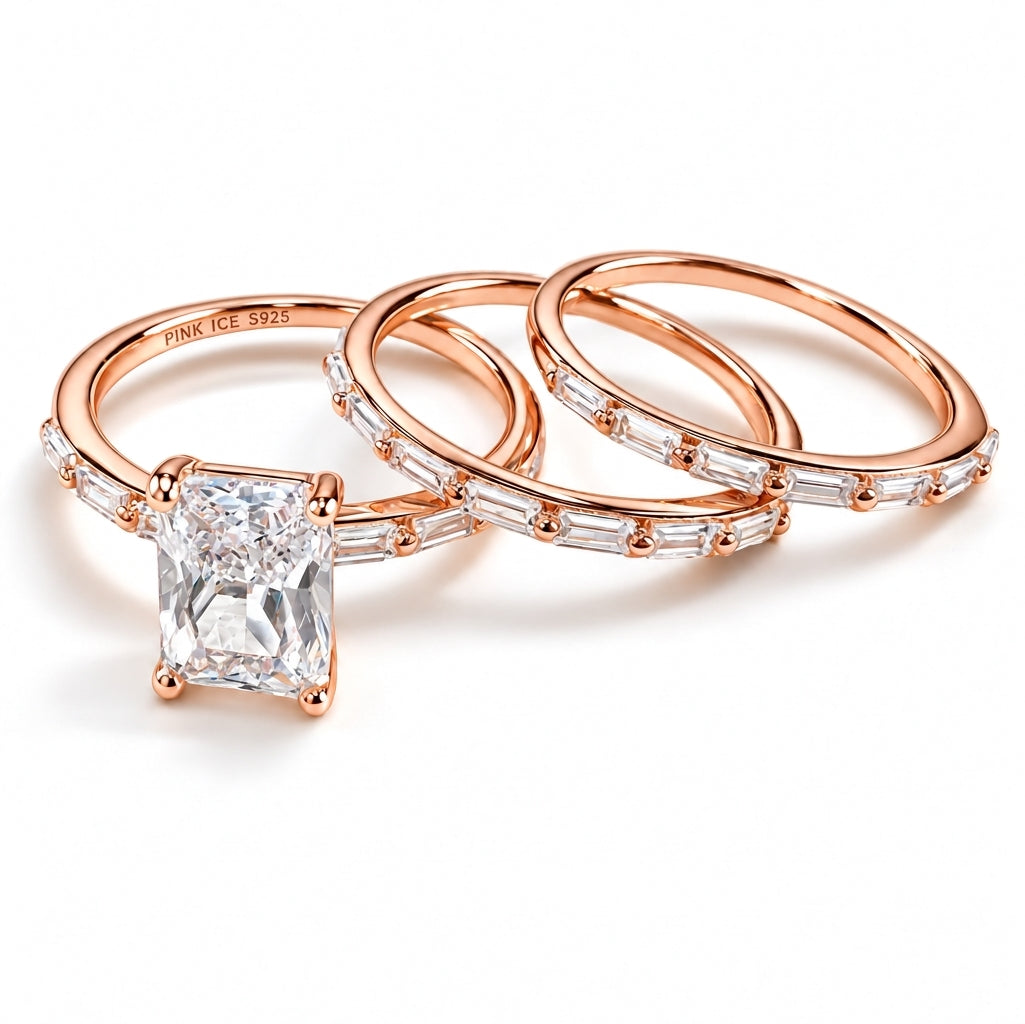 925 Sterling Silver Emerald Cut Diamond 3 Piece Stackable Ring Set on Rose Gold