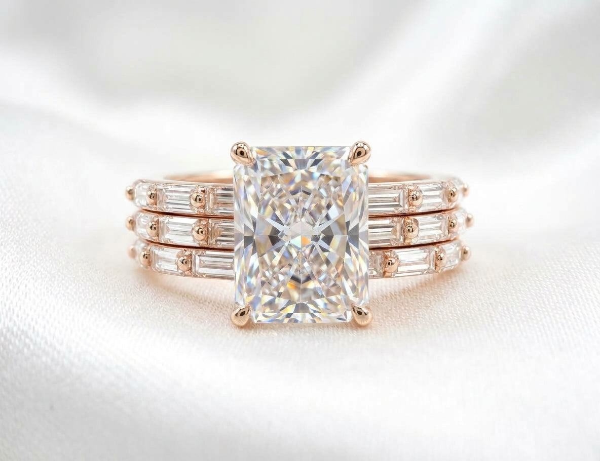 925 Sterling Silver Emerald Cut Diamond 3 Piece Stackable Ring Set on Rose Gold
