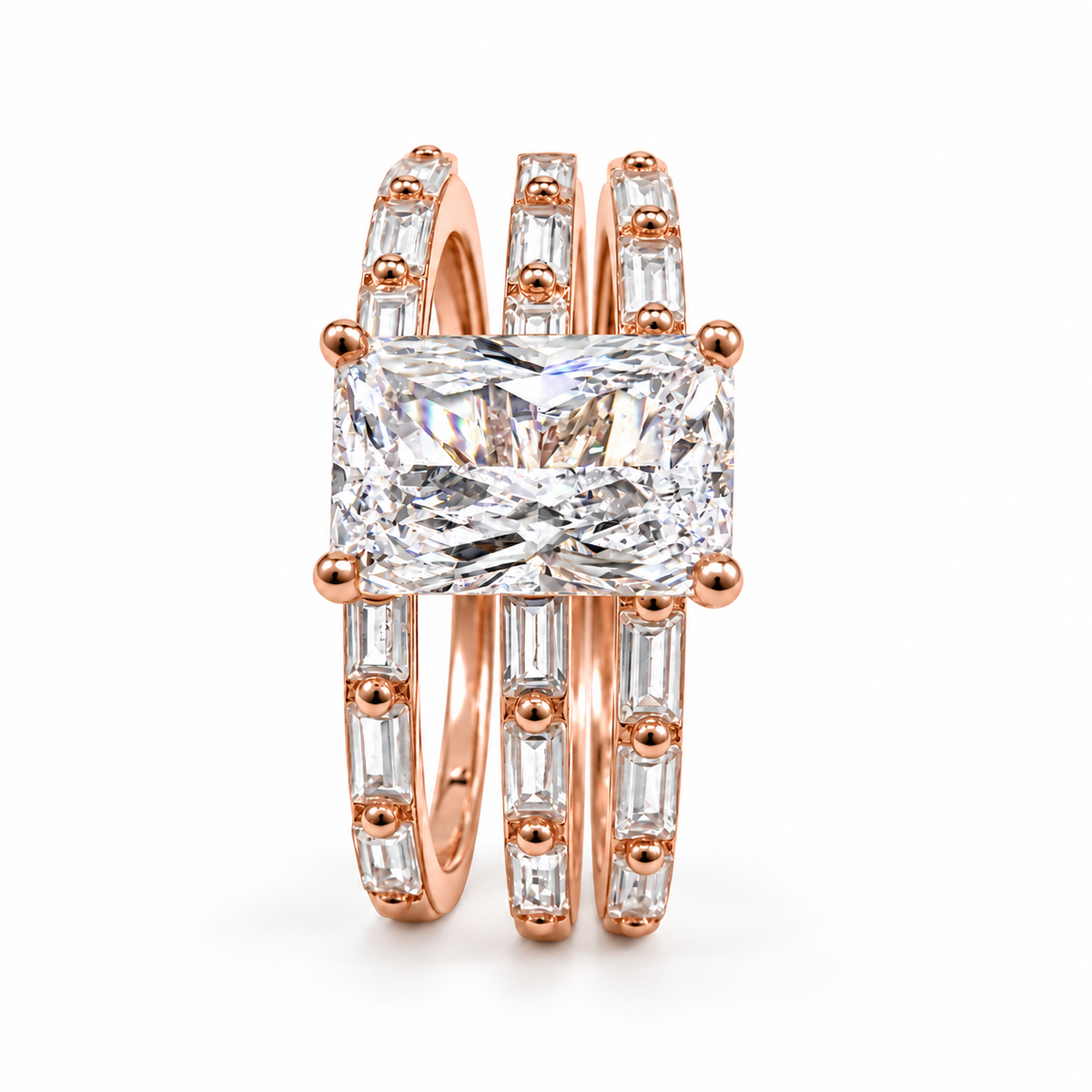 925 Sterling Silver Emerald Cut Diamond 3 Piece Stackable Ring Set on Rose Gold