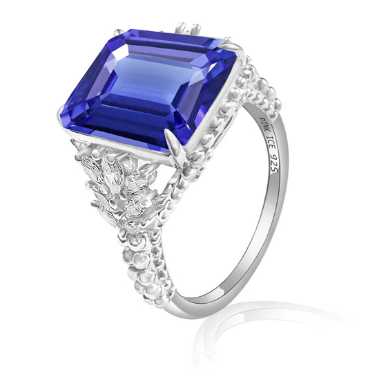 925 Sterling Silver Emerald Cut Tanzanite CZ Beaded Shank Ring