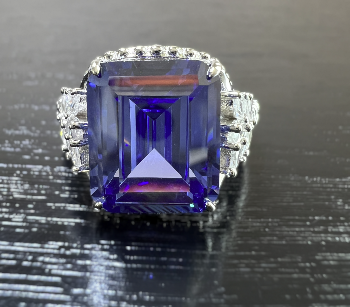 925 Sterling Silver Emerald Cut Tanzanite CZ Beaded Shank Ring