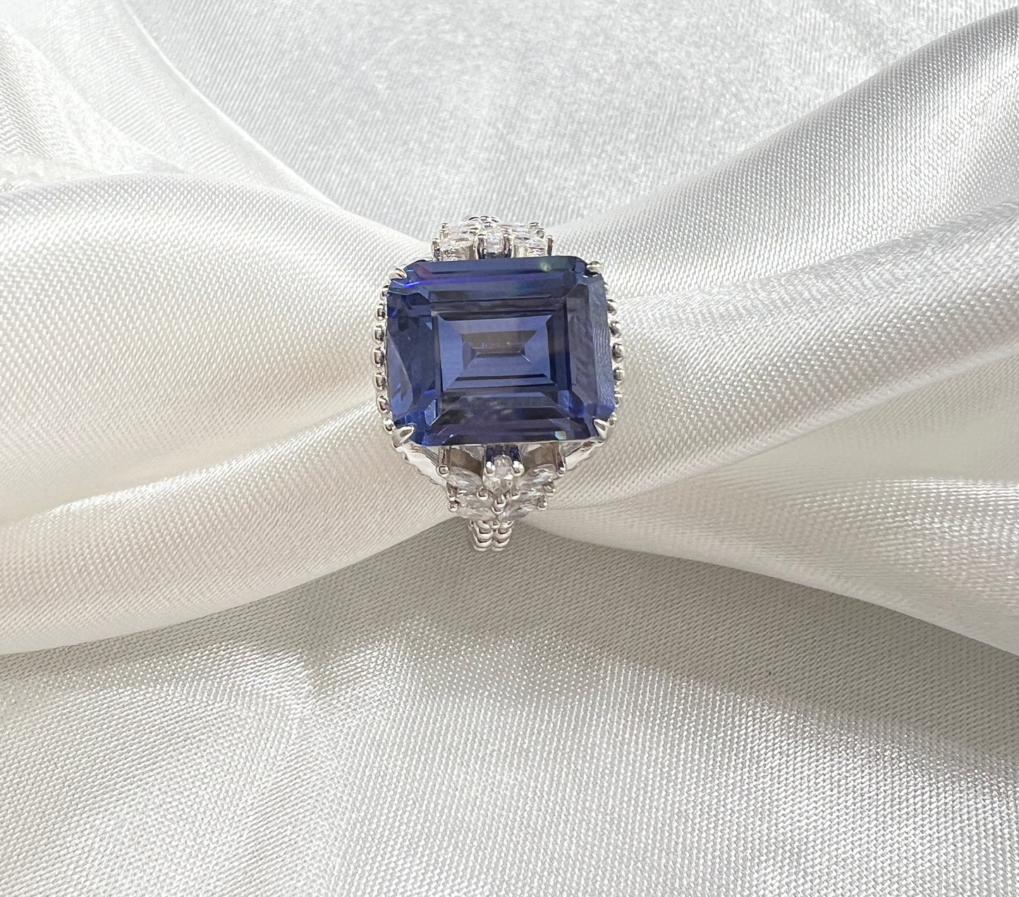925 Sterling Silver Emerald Cut Tanzanite CZ Beaded Shank Ring
