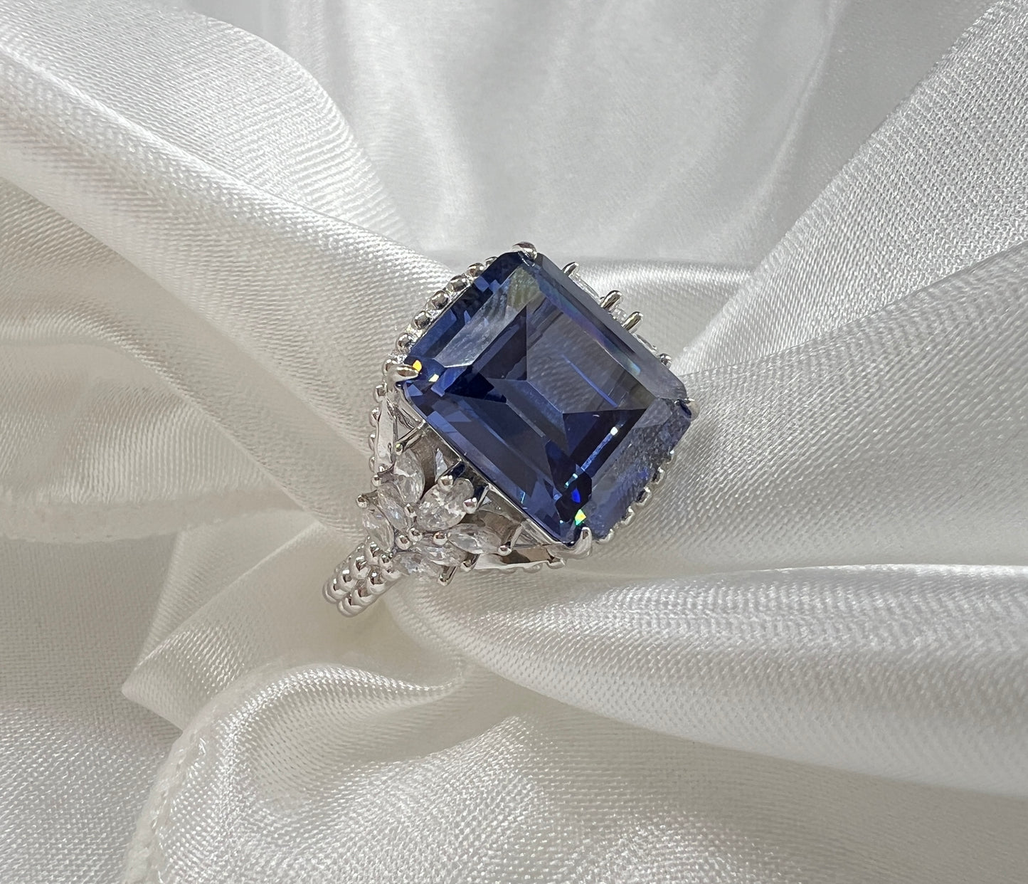 925 Sterling Silver Emerald Cut Tanzanite CZ Beaded Shank Ring