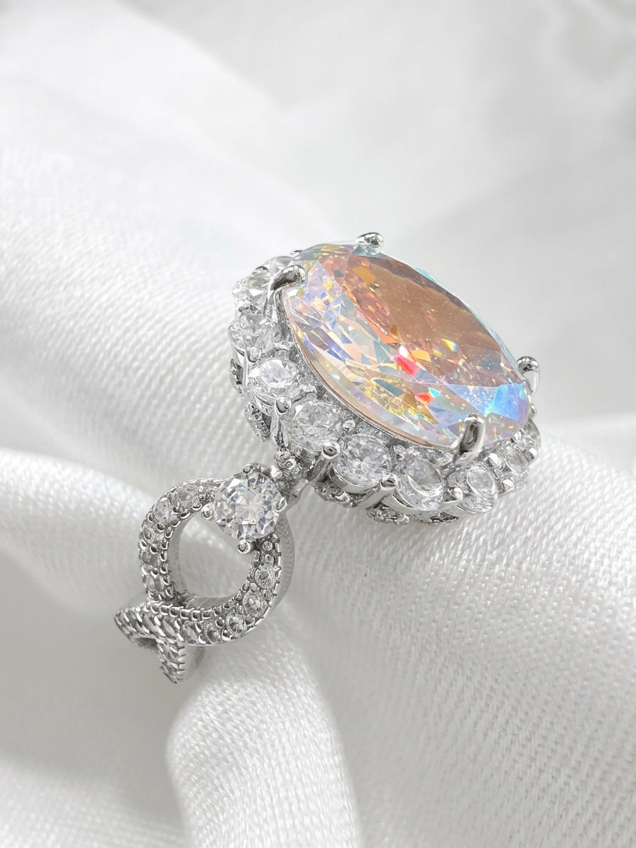 *PRE-ORDER - 925 Sterling Silver Infinity Oval Cut Aurora Borealis CZ Ring