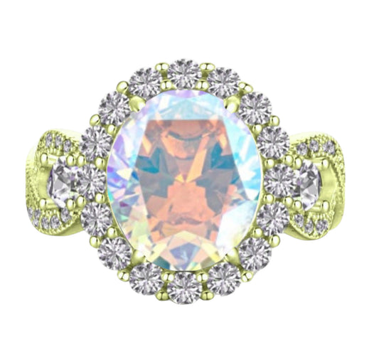 925 Sterling Silver Infinity Oval Cut Aurora Borealis CZ Ring on Yellow Gold