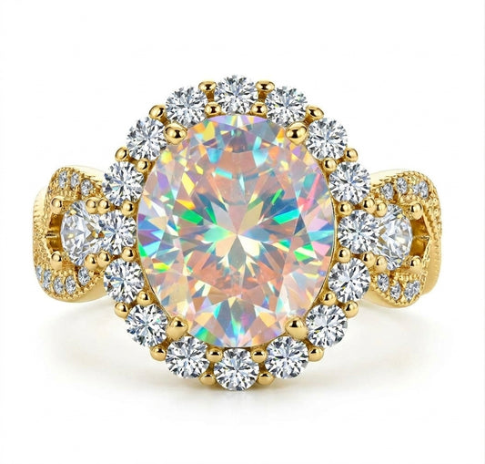 925 Sterling Silver Infinity Oval Cut Aurora Borealis CZ Ring on Yellow Gold