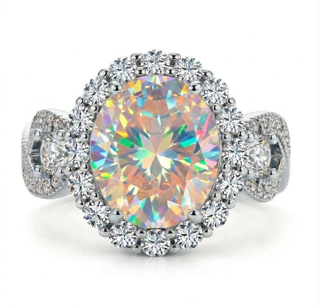 925 Sterling Silver Infinity Oval Cut Aurora Borealis CZ Ring