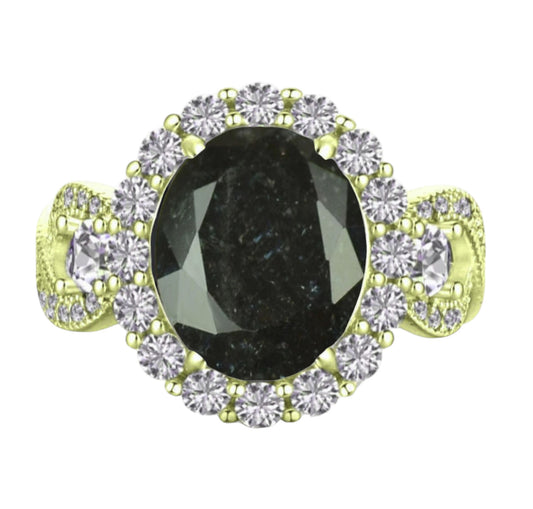 925 Sterling Silver Infinity Oval Cut Black Ice & Diamond CZ Ring on Yellow Gold