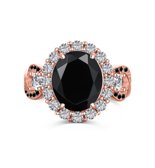 925 Sterling Silver Infinity Oval Cut Black Onyx & Diamond CZ Ring with Black Onyx Accent on Rose Gold