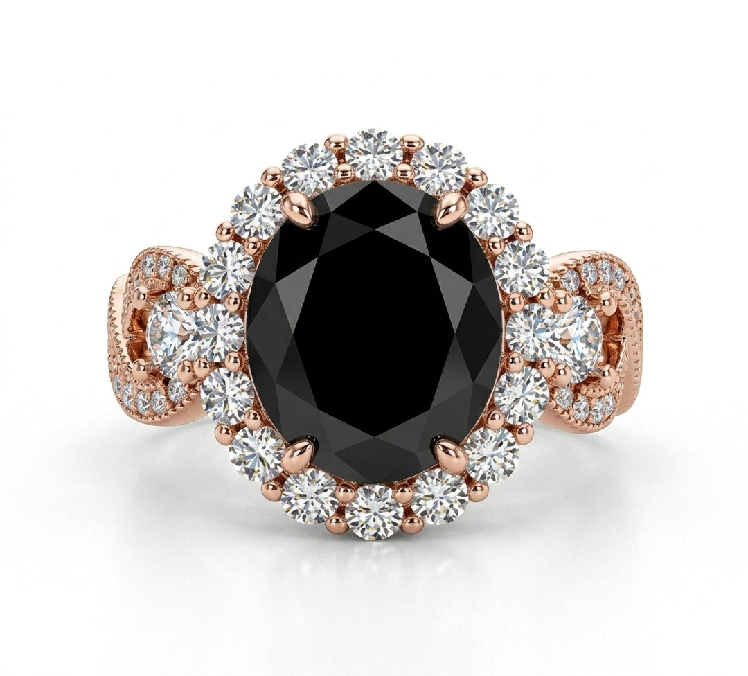 925 Sterling Silver Infinity Oval Cut Black Onyx & Diamond Cubic Zirconia Ring in Rose Gold - CS