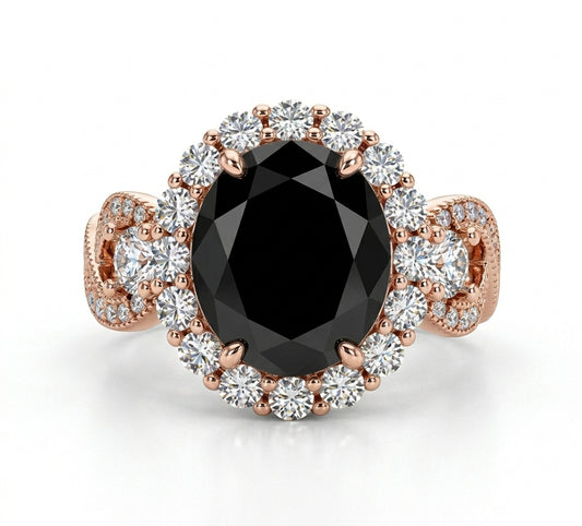 925 Sterling Silver Infinity Oval Cut Black Onyx & Diamond Cubic Zirconia Ring in Rose Gold - CS