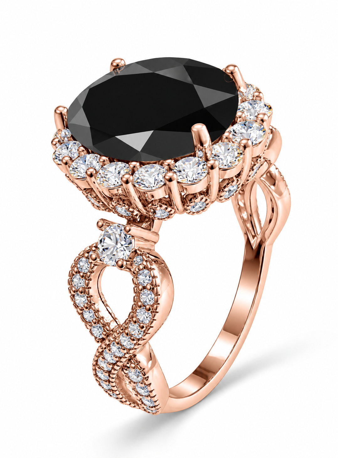 *PRE-ORDER - 925 Sterling Silver Infinity Oval Cut Black Onyx & Diamond Cubic Zirconia Ring in Rose Gold - CS