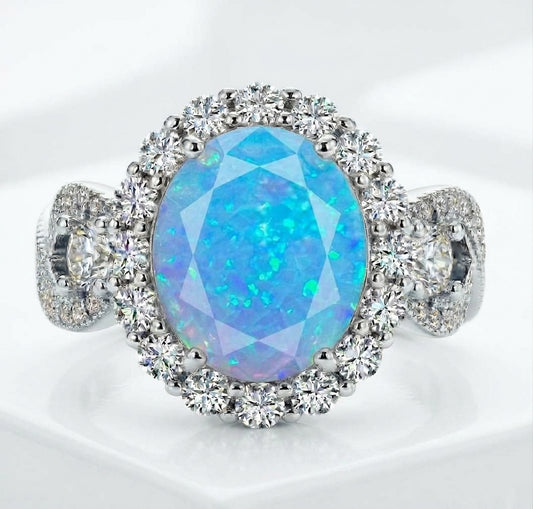 925 Sterling Silver Infinity Oval Cut Blue Fire Opal-Effect & Diamond CZ