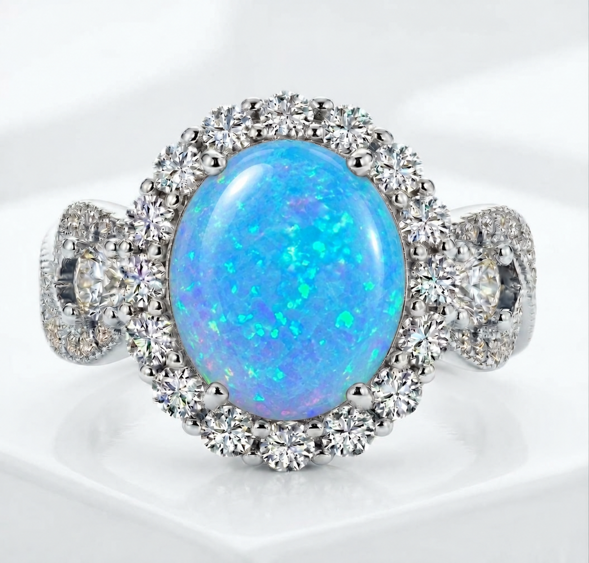 925 Sterling Silver Infinity Oval Cut Blue Fire Opal-Effect & Diamond CZ