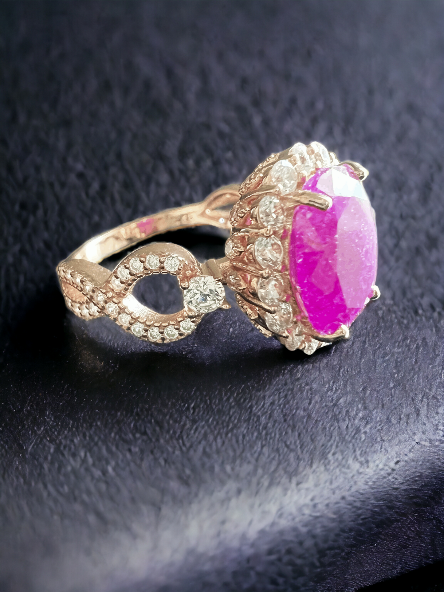 925 Sterling Silver Infinity Oval Cut Hot Pink Ice & Diamond CZ Ring on Rose Gold