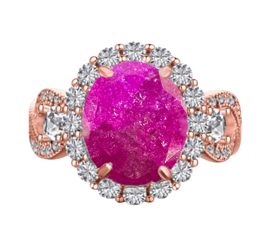 925 Sterling Silver Infinity Oval Cut Hot Pink Ice & Diamond CZ Ring on Rose Gold