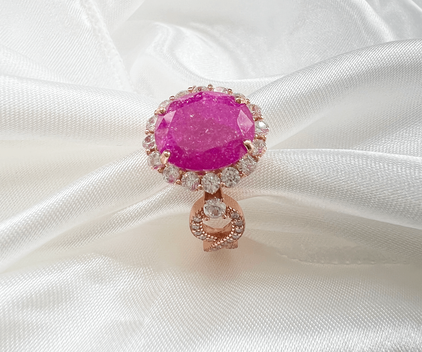 925 Sterling Silver Infinity Oval Cut Hot Pink Ice & Diamond CZ Ring on Rose Gold