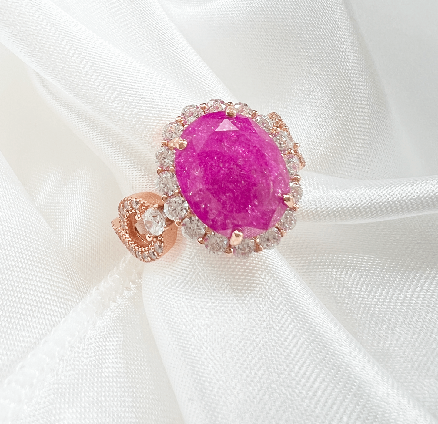 925 Sterling Silver Infinity Oval Cut Hot Pink Ice & Diamond CZ Ring on Rose Gold