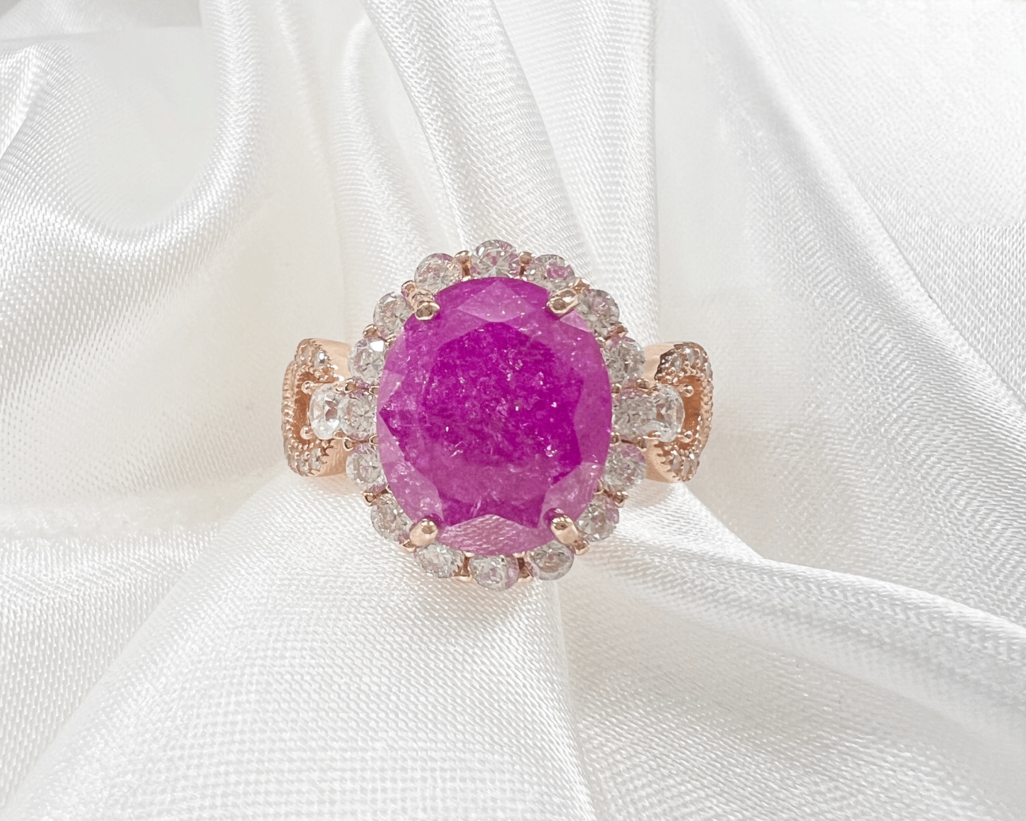 925 Sterling Silver Infinity Oval Cut Hot Pink Ice & Diamond CZ Ring on Rose Gold