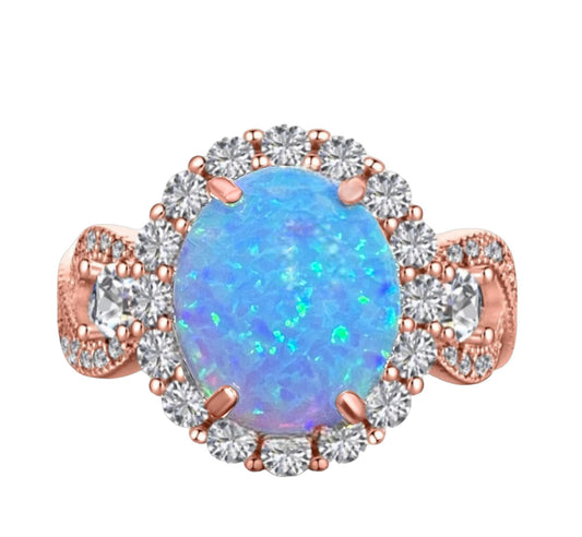 925 Sterling Silver Infinity Oval Cut Lab-Grown Blue Fire Opal & Diamond CZ on Rose gold