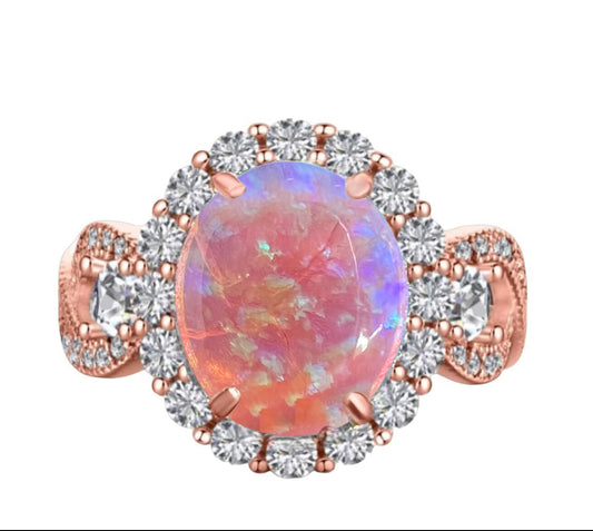 925 Sterling Silver Infinity Oval Cut Lab-Grown Semi Transparant Pink Opal & Diamond CZ - Rose Gold Plated