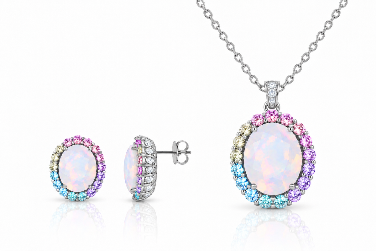 PRE-ORDER - 925 Sterling Silver Infinity Oval Cut Multi-Color CZ Necklace & Earrings Set (Rhodium or Rose Gold)