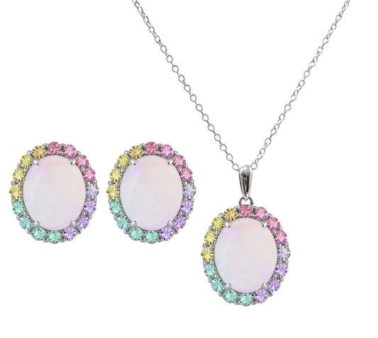925 Sterling Silver Infinity Oval Cut Multi-Color CZ Necklace & Earrings Set (Rhodium or Rose Gold)