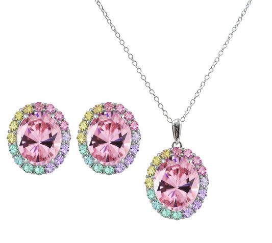 925 Sterling Silver Infinity Oval Cut Pink CZ Necklace & Earrings Set (Rhodium or Rose Gold)
