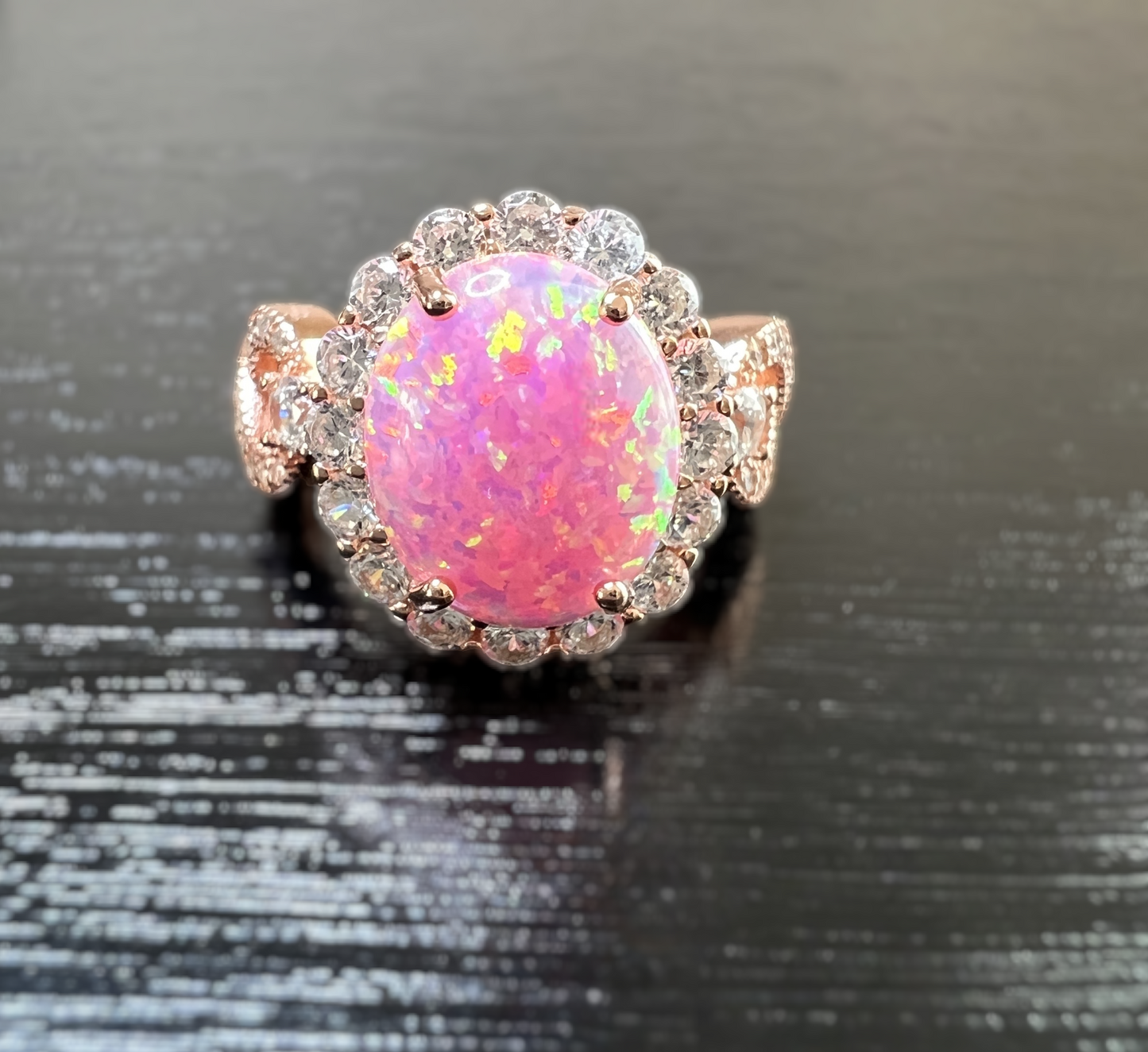925 Sterling Silver Infinity Oval Cut Royal Pink Fire Opal & Diamond CZ on Rose Gold