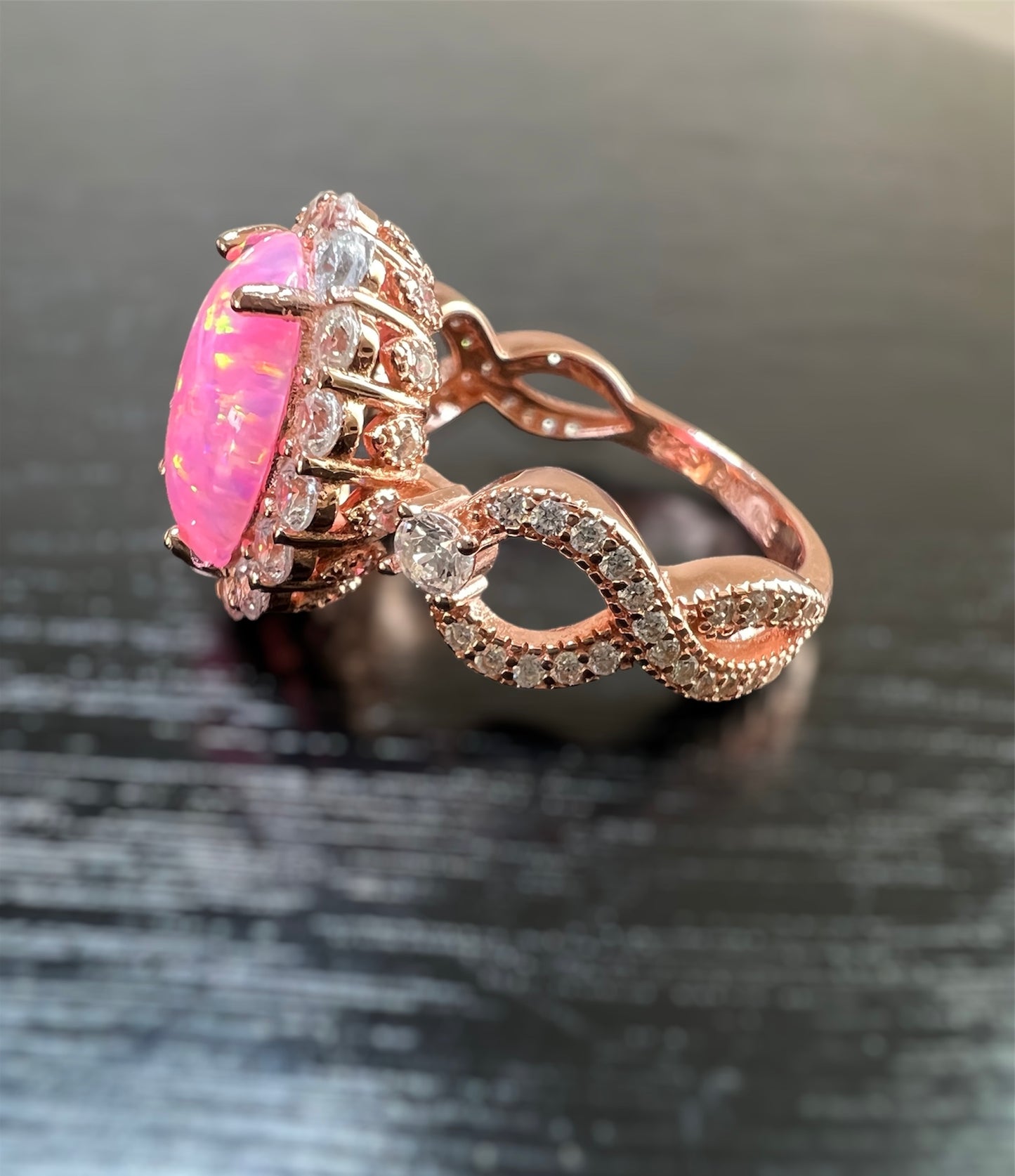 925 Sterling Silver Infinity Oval Cut Royal Pink Fire Opal & Diamond CZ on Rose Gold