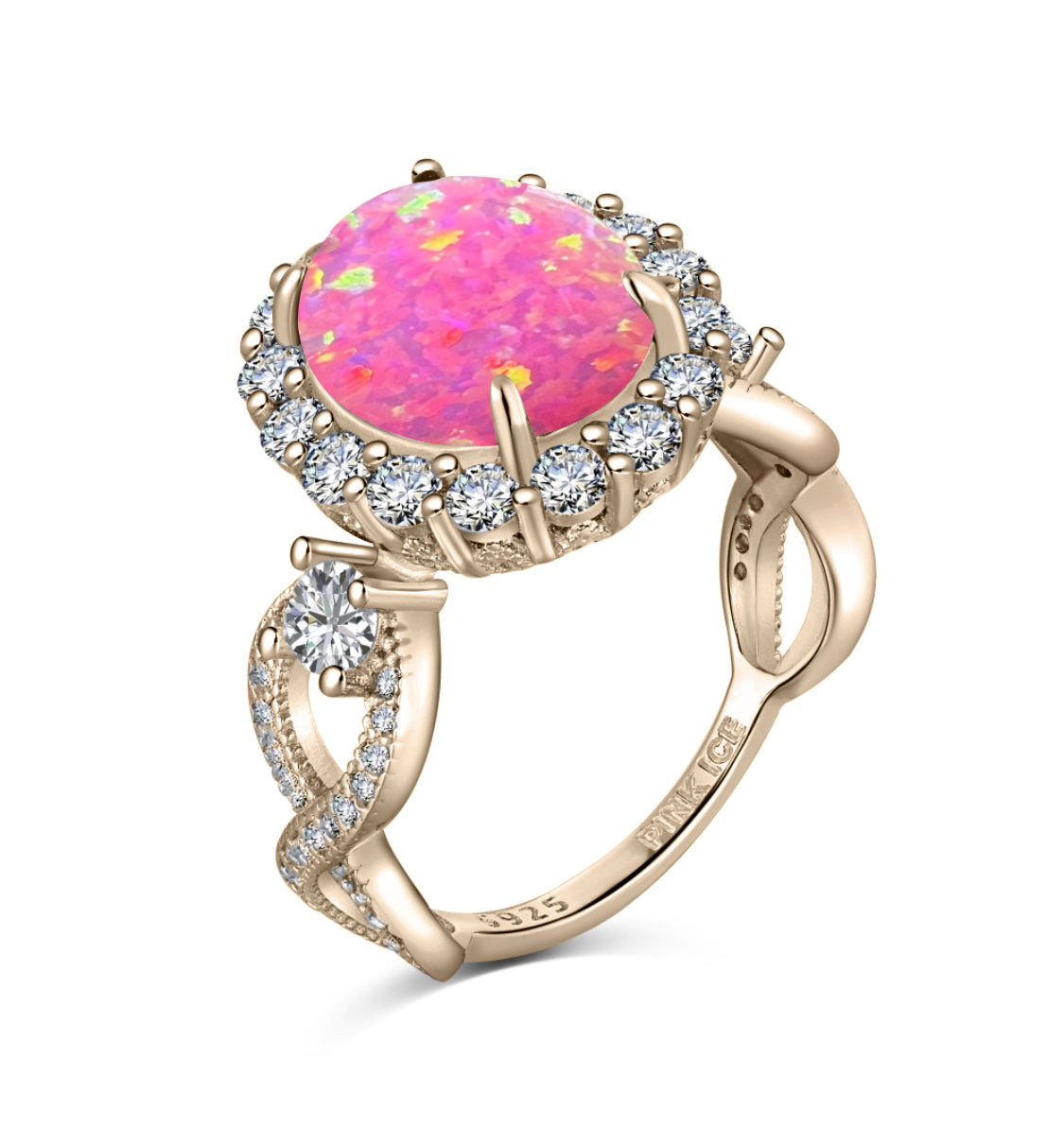 925 Sterling Silver Infinity Oval Cut Royal Pink Fire Opal & Diamond CZ on Rose Gold