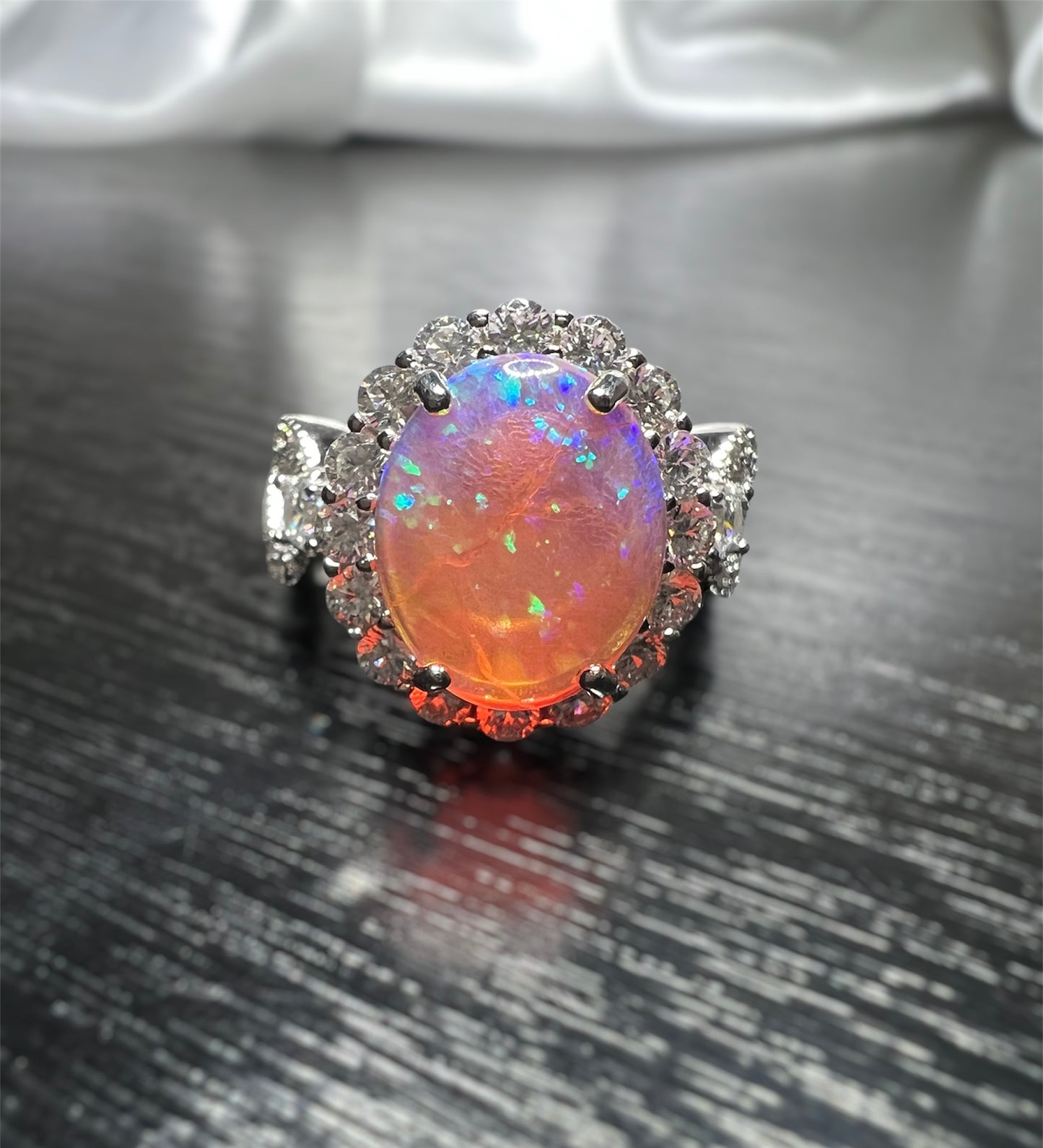 925 Sterling Silver Infinity Oval Cut Semi Transparent Pink Fire Opal & Diamond CZ Ring