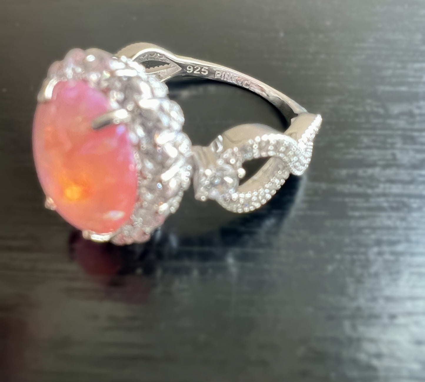 925 Sterling Silver Infinity Oval Cut Semi Transparent Pink Fire Opal & Diamond CZ Ring