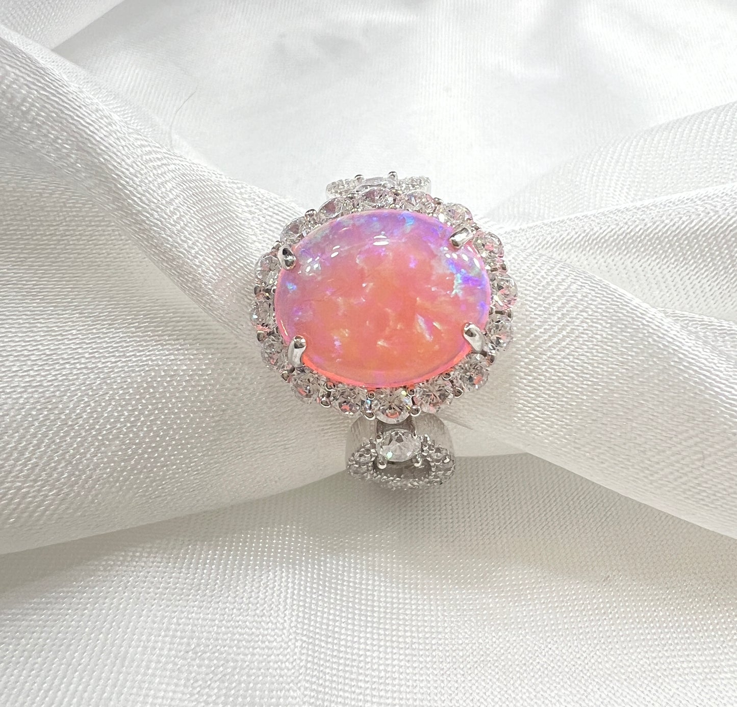 925 Sterling Silver Infinity Oval Cut Semi Transparent Pink Fire Opal & Diamond CZ Ring