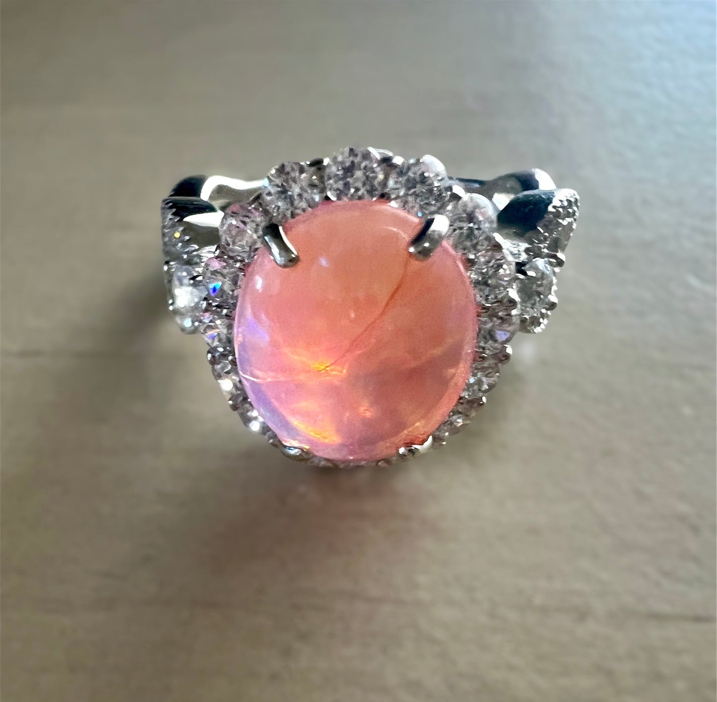 925 Sterling Silver Infinity Oval Cut Semi Transparent Pink Fire Opal & Diamond CZ Ring